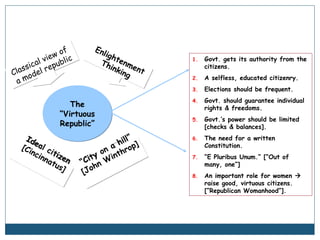 Classical view of 
a model republic 
The 
“Virtuous 
Republic” 
“City on a hill” 
[John Winthrop] 
Ideal citizen 
[Cincinnatus] 
1. Govt. gets its authority from the 
citizens. 
2. A selfless, educated citizenry. 
3. Elections should be frequent. 
4. Govt. should guarantee individual 
rights & freedoms. 
5. Govt.’s power should be limited 
[checks & balances]. 
6. The need for a written 
Constitution. 
7. “E Pluribus Unum.” [“Out of 
many, one”] 
8. An important role for women  
raise good, virtuous citizens. 
[“Republican Womanhood”]. 
Enlightenment 
Thinking 
 