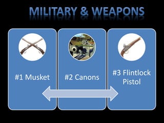 #1 Musket #2 Canons 
#3 Flintlock 
Pistol 
 