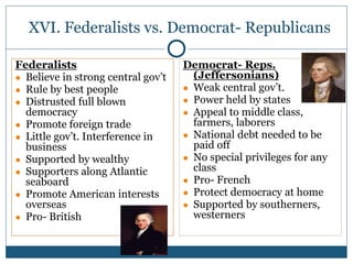 XVI. Federalists vs. Democrat- Republicans
Federalists
● Believe in strong central gov’t
● Rule by best people
● Distrusted full blown
democracy
● Promote foreign trade
● Little gov’t. Interference in
business
● Supported by wealthy
● Supporters along Atlantic
seaboard
● Promote American interests
overseas
● Pro- British
Democrat- Reps.
(Jeffersonians)
● Weak central gov’t.
● Power held by states
● Appeal to middle class,
farmers, laborers
● National debt needed to be
paid off
● No special privileges for any
class
● Pro- French
● Protect democracy at home
● Supported by southerners,
westerners
 
