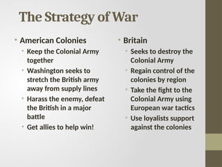 The Strategy of War
• American Colonies
• Keep the Colonial Army
together
• Washington seeks to
stretch the British army
away from supply lines
• Harass the enemy, defeat
the British in a major
battle
• Get allies to help win!
• Britain
• Seeks to destroy the
Colonial Army
• Regain control of the
colonies by region
• Take the fight to the
Colonial Army using
European war tactics
• Use loyalists support
against the colonies
 