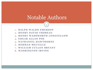 Notable Authors
                     15

1. RALPH WALDO EMERSON
2. HENRY DAVID THOREAU
3. HENRY WADSWORTH LONGFELLOW
4. EDGAR ALLAN POE
5. NATHANIEL HAWTHORNE
6. HERMAN MELVILLE
7. WILLIAM CULLEN BRYANT
8. WASHINGTON IRVING
 