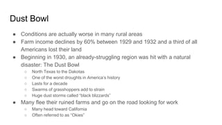 Dust Bowl
● Conditions are actually worse in many rural areas
● Farm income declines by 60% between 1929 and 1932 and a third of all
Americans lost their land
● Beginning in 1930, an already-struggling region was hit with a natural
disaster: The Dust Bowl
○ North Texas to the Dakotas
○ One of the worst droughts in America’s history
○ Lasts for a decade
○ Swarms of grasshoppers add to strain
○ Huge dust storms called “black blizzards”
● Many flee their ruined farms and go on the road looking for work
○ Many head toward California
○ Often referred to as “Okies”
 