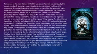 To me, one of the main themes of the film was power. To me it was obvious by the
captain constantly showing a mean streak and dominance over multiple other
characters. He constantly wants to be in control of everything, he constantly craves
more and more power. We see this dominance straight away when the captain and
his wife are reunited, he tells her to be seated into a wheel chair due to her
pregnancy. His wife responses by saying that it wouldn't be necessary and she is
perfectly fine, his response to that was sit in the chair and do it for me. A perfect
example of him wanting the control and having everything his way. The other themes
I would say in the film are links with Ofelia and her journey. Throughout her journey
she shows off a rebellious and disobedient streak towards everyone in the film, good
or bad. Ofelia never listens when asked specifically to follow the rules, she just can't
help herself. Another perfect example of this is when she is visited by the faun. He
gives Ofelia her next task and gives her specific instructions when she visits the pale
man to not eat anything. But she falls into temptation and eats a big, fat, juicy grape.
Finally a theme that links both captain Vidal and Ofelia is immortality. Throughout
the film we see the captain desiring the idea of immortality and an example of this is
by him wanting his new baby child to be a boy, so his legacy can live on. Then for
Ofelia, her journey and quest has the goal at the end of her rejoining the underworld
and gaining that immortality back. Another part linking in with the immortality
theme would be the blue rose story and how the rose itself gifts immortality to
anyone who manages to collect it.
 