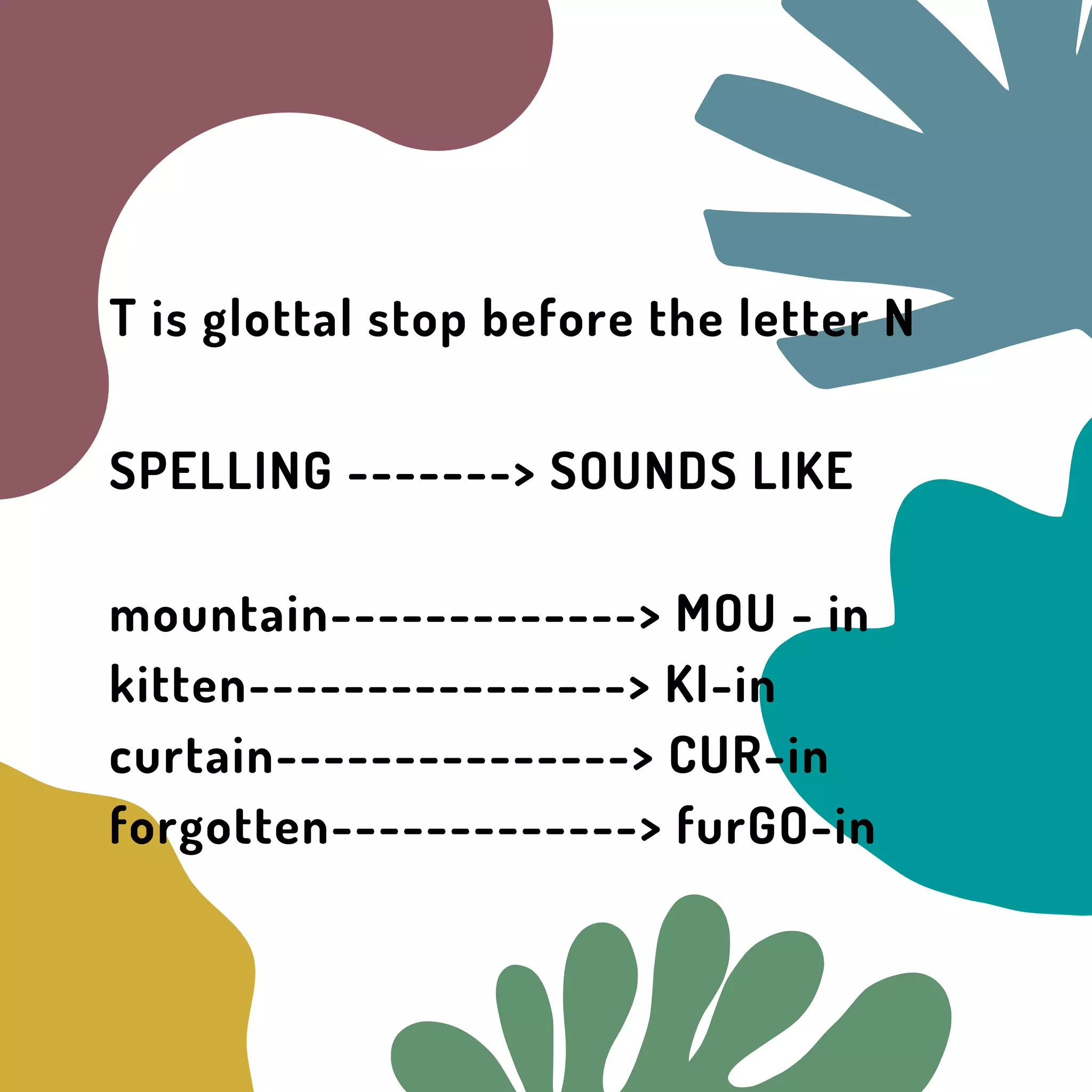 mountain-------------> MOU - in
kitten----------------> KI-in
curtain---------------> CUR-in
forgotten-------------> furGO-in
T is glottal stop before the letter N
SPELLING -------> SOUNDS LIKE
 