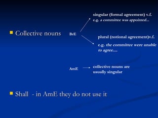 Collective nouns  Shall  - in AmE they do not use it  BrE singular (formal agreement) v.f.  e.g.  a committee was appointed...   plural (notional agreement)v.f. e.g.  the committee were unable to agree... .  AmE   collective nouns are usually singular  