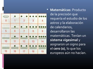  Matemáticas: Producto
  de la precisión que
  requería el estudio de los
  astros y la elaboración
  de calendarios,
  desarrollaron las
  matemáticas. Tenían un
  sistema vigesimal y
  asignaron un signo para
  el cero (0), lo que los
  europeos aún no hacían.
 