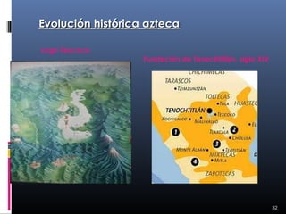 Evolución histórica azteca

Lago Texcoco
                   Fundación de Tenochtitlán, siglo XIV




                                                          32
 