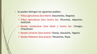 • Se pueden distinguir los siguientes pueblos:
 Tribus agricultoras Zona Norte: Atacameños, Diaguitas
 Tribus agricultoras Zona Centro Sur: Picunches, Mapuches,
Huilliches
 Bandas recolectoras Zona Norte y Centro Sur: Changos,
Chiquillanes
 Bandas Canoeras Zona Austral: Chonos, Alacalufes, Yaganes
 Bandas Pedestres Zona Austral: Tehuelches, Poyas
 