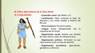 B.1) Atacameños • Conocidos como: San Pedro I y II
• Localización: Oasis cercanos al Salar de
Atacama y los cursos medios e inferior del
Río Loa
• Nivel evolutivo: Formativo pleno
• Lengua: Kunza (desaparecido tras la
conquista de los Incas)
• Organización social: Señorío con división
de clase social y ayllu de influencia Inca
• Organización política: Territorial ya que
cada señorío tenía un área de dominio
• Organización económica: Agricultores,
ganaderos y alfareros
B) Tribus Agricultoras de la Zona Norte
 