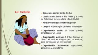 C.3) Huilliches • Conocidos como: Gente del Sur
• Localización: Entre el Río Toltén y el Golfo
de Reloncaví, incluyendo la isla de Chiloé
• Nivel evolutivo: Formativo superior
• Lengua: Mapudungún (dialecto Ste Sungun)
• Organización social: En tribus (cavies)
dirigidas por un lonko
• Organización política: 7 tribus forman un
“levo” el cual es dirigido por un cacique,
pero carecían de un jefe central
• Organización económica: Agricultores,
ganaderos y pescadores
 