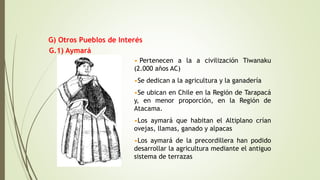 G.1) Aymará
• Pertenecen a la a civilización Tiwanaku
(2.000 años AC)
•Se dedican a la agricultura y la ganadería
•Se ubican en Chile en la Región de Tarapacá
y, en menor proporción, en la Región de
Atacama.
•Los aymará que habitan el Altiplano crían
ovejas, llamas, ganado y alpacas
•Los aymará de la precordillera han podido
desarrollar la agricultura mediante el antiguo
sistema de terrazas
G) Otros Pueblos de Interés
 