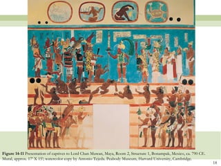 Figure 14-11 Presentation of captives to Lord Chan Muwan, Maya, Room 2, Structure 1, Bonampak, Mexico, ca. 790 CE.
Mural, approx. 17’ X 15’; watercolor copy by Antonio Tejeda. Peabody Museum, Harvard University, Cambridge.
                                                                                                                     18
 