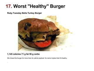 Ruby Tuesday Bella Turkey Burger                                                                                                    1,145 calories 71 g fat 56 g carbs   We chose this burger for more than its calorie payload: Its name implies that it's healthy.  .  17.  Worst "Healthy" Burger 