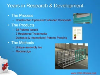 Years in Research & Development
• The Process
  – Construction Optimized Pultruded Composite
• The Products
  – 38 Patents Issued
  – 3 Registered Trademarks
  – Domestic & International Patents Pending
• The Methods
  – Unique assembly line
  – Modular jigs




                                               www.CBS-Homes.com
 