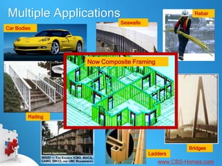 Multiple Applications                                 Rebar
                             Seawalls
Car Bodies




                   Now Composite Framing




         Railing




                                                    Bridges
                                        Ladders
                                           www.CBS-Homes.com
 