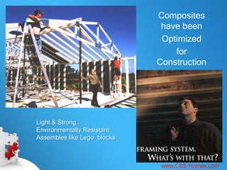 Composites
                              have been
                              Optimized
                                 for
                             Construction




Light & Strong
Environmentally Resistant
Assembles like Lego blocks



                              www.CBS-Homes.com
 
