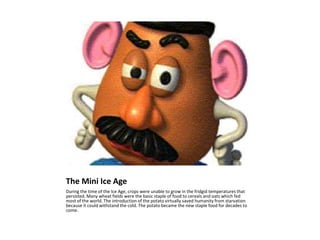 The Mini Ice AgeDuring the time of the Ice Age, crops were unable to grow in the fridgid temperatures that persisted. Many wheat fields were the basic staple of food to cereals and oats which fed most of the world. The introduction of the potato virtually saved humanity from starvation because it could withstand the cold. The potato became the new staple food for decades to come.