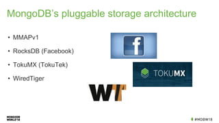 MongoDB’s pluggable storage architecture
• MMAPv1
• RocksDB (Facebook)
• TokuMX (TokuTek)
• WiredTiger
 