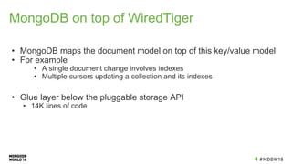 MongoDB on top of WiredTiger
• MongoDB maps the document model on top of this key/value model
• For example
• A single document change involves indexes
• Multiple cursors updating a collection and its indexes
• Glue layer below the pluggable storage API
• 14K lines of code
 