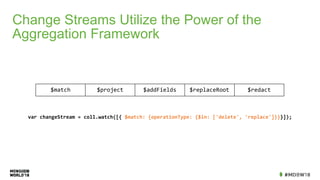 Change Streams Utilize the Power of the
Aggregation Framework
$match $project $addFields $replaceRoot $redact
var	changeStream	=	coll.watch([{	$match:	{operationType:	{$in:	['delete',	'replace']}}}]);
 