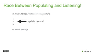 Race Between Populating and Listening!
	db.train.find().readConcern("majority")
.
.
.
	db.train.watch()
update occurs!
 
