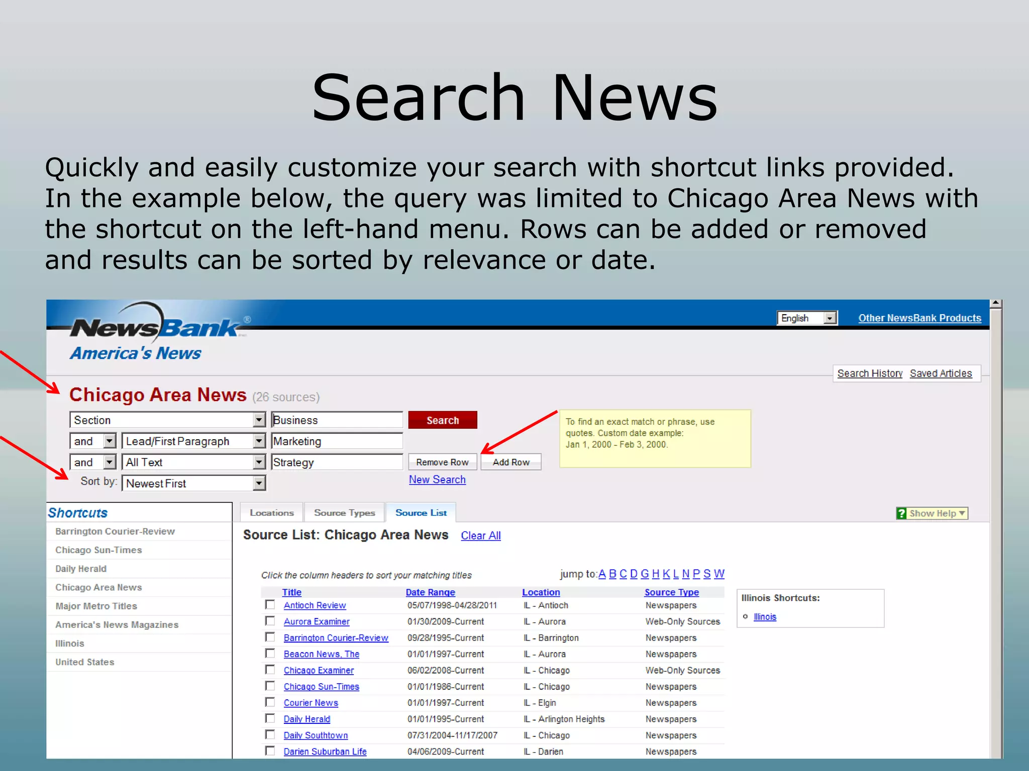 Search News
Quickly and easily customize your search with shortcut links provided.
In the example below, the query was limited to Chicago Area News with
the shortcut on the left-hand menu. Rows can be added or removed
and results can be sorted by relevance or date.
 