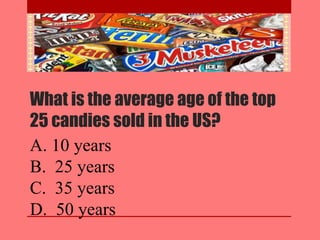 What is the average age of the top
25 candies sold in the US?
A. 10 years
B. 25 years
C. 35 years
D. 50 years
 