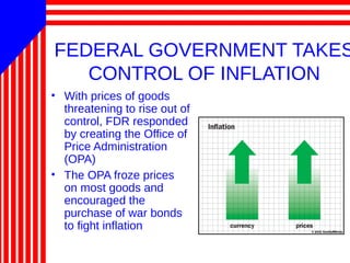 FEDERAL GOVERNMENT TAKES
CONTROL OF INFLATION
• With prices of goods
threatening to rise out of
control, FDR responded
by creating the Office of
Price Administration
(OPA)
• The OPA froze prices
on most goods and
encouraged the
purchase of war bonds
to fight inflation
 