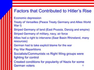 6
Factors that Contributed to Hitler’s Rise
• Economic depression
• Treaty of Versailles (Peace Treaty Germany and Allies World
War I)
• Striped Germany of land (East Prussia, Danzig and empire)
• Striped Germany of military, navy, air force
• Allies had a right to intervene (Saar Basin Rhineland, many
resources)
• German had to take explicit blame for the war
• Pay War Repartitions
• Socialists/Communists vs Right Wing groups were
fighting for control
• Created conditions for popularity of Nazis for some
German voters
 