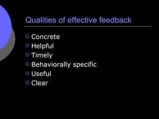 Qualities of effective feedback <ul><li>Concrete </li></ul><ul><li>Helpful </li></ul><ul><li>Timely </li></ul><ul><li>Beha...