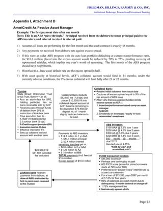 FRIEDMAN, BILLINGS, RAMSEY & CO., INC.
Institutional Brokerage, Research and Investment Banking
Page 23
Appendix I, Attachment D
AmeriCredit As Passive Asset Manager
Example: The first payment date after one month
Note: This is an ABS “pass-through.” Principal received from the debtors becomes principal paid to the
ABS investors, and interest received is interest paid.
1) Assumes all loans are performing for the first month and that each contract is exactly 48 months.
2) Any payments not received from debtors nets against excess spread.
3) If this were an older ABS program with the auto loan portfolio defaulting at current nonperformance rates,
the $10.6 million placed into the excess account would be reduced by 70% to 75%, pending recovery of
repossessed vehicles, which implies one year’s worth of seasoning. The first month of the ABS program
should have no problems.
4) Historical (i.e., base case) default rate cut the excess spread in half.
5) With asset quality at historical levels, ACF’s collateral account would fund in 14 months; under the
currently adverse conditions, the 9% excess collateral will fund fully after 21 or 22 months.
ABS Investors:
$150 AAA @ 3.5% due 1 year
$250 AAA @ 4.0% due 2 years
$300 AA @ 5.0% due 3 years
$220 BBB @ 7.4% due 4 years
$50 equity @ excess *
due?????
blended rate of 4.65%
*held by ACF and
quantified in I/O
Collateral Bank:
§ Retains initial collateral from issue date
§ Captures all excess spread equal to 9% of the
par amount of ABS issue
§ After 12% first-loss position funded remits
excess spread to ACF…
1. Incentive/performance-based comp as asset
manager
AND/OR
2. Dividends on leveraged “equity-in-trust
receivables” investment
Lockbox bank receives
payments from debtors; at
close of ABS, instructed by
ACF to remit cash received
to the Trustee
Trustee:
State Street; Wilmington Trust
or USTrust; Bank/NY, et al.:
§ Acts as atty-in-fact for SPE,
holding perfected lien on
loans receivable sold by ACF
§ Receives pass-through funds
of debtors from SPE at
instruction of lock-box bank
§ Pays execution fees to…
1. Itself (10 basis points)
2. Lockbox bank (5 bps)
3. Credit support provider (20)
§ Execution cost of 35 bps
§ Effective interest of 5%
§ Sets up collateral deposit
account with another bank
75,000 Consumer Debtors:
§ $45,000 income/yr
§ Perhaps one bankruptcy in past
§ 600 FICO score (score for prime borrowers
starts at 720 out of 800)
§ Preferred over “Dealer-Track” Internet site by
a used car salesman
§ For a loan of $13,333, pays $387 per month
at 17.3% for four years
§ 99% of balances pay each month due to
delinquency, 1-month deferral or charge-off
§ 1.75% management fee
§ Net/risk-adj. spread of 6%
$28,968,819:
$41,667 custodial
fee deducted
Collateral Bank deducts
$62,500 fee (7.5 bps) and
places $10,528,818 into
collateral deposit account of
ACF; balance remaining to
be deposited: $79,458,021
deposit int. of 1 month
slightly reduces balance to
be paid.
Payments to ABS investors:
§ $14.8 million to 1 yr AAA
1. $14.4 million principal
2. $0.4 million interest
remaining tranches get int.:
§ $0.8 million to 2 yr AAA
§ $1.25 million to AA
§ $1.4 million to BBB
TOTAL payments (incl. fees) of
$18.4 million
Excess spread of $10.6 million
 
