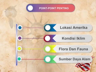 POINT-POINT PENTING
Lokasi Amerika
Kondisi Iklim
Sumber Daya Alam
Flora Dan Fauna
 