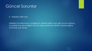 Güncel Sorunlar
 Meksika-ABD sınırı
Meksika’nın elini kolunu bağlayan yüksek işsizlik oranı göz önüne alınırsa,
buradaki sınır güvenliğinin kısa bir süre içerisinde kökten çözüleceğine
inanmak çok zordur.
 