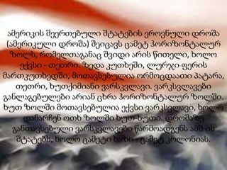 ამერიკის შეერთებული შტატების ეროვნული დროშა
(ამერიკული დროშა) შეიცავს ცამეტ ჰორიზონტალურ
ზოლს, რომელთაგანაც შვიდი არის წითელი, ხოლო
ექვსი - თეთრი. ზედა კუთხეში, ლურჯი ფერის
მართკუთხედში, მოთავსებულია ორმოცდაათი პატარა,
თეთრი, ხუთქიმიანი ვარსკვლავი. ვარკსვლავები
განლაგებულები არიან ცხრა ჰორიზონტალურ ზოლში.
ხუთ ზოლში მოთავსებულია ექვსი ვარკსვლავი, ხოლო
დანარჩენ ოთხ ზოლში ხუთ-ხუთი. დროშაზე
განთავსებული ვარსკვლავები წარმოადგენს აშშ-ის
შტატებს, ხოლო ცამეტი ხაზი - ცამეტ კოლონიას.
 