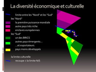 Ladiversitééconomiqueetculturelle
limite entre les "Nord" et les "Sud"
les "Nord"
la première puissance mondiale
autre pays très riche
enclaves européennes
les "Sud"
un des BRICS
autres pays émergents…
…et exportateurs
pays moins développés
la limite culturelle
recoupe  la limite N/S
 