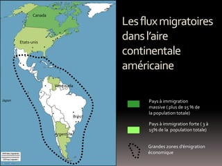 Pays à immigration forte ( 3 à
15% de la population totale)
Pays à immigration
massive ( plus de 15 % de
la population totale)
Canada
Argentine
Brésil
Japon
Venezuela
Etats-unis
Grandes zones d’émigration
économique
Lesfluxmigratoires
dansl’aire
continentale
américaine
 