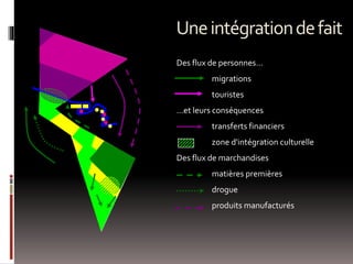 Uneintégrationdefait
Des flux de personnes…
migrations
touristes
…et leurs conséquences
transferts financiers
zone d'intégration culturelle
Des flux de marchandises
matières premières
drogue
produits manufacturés
 