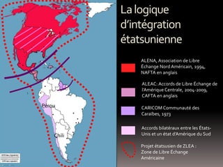 Accords bilatéraux entre les États-
Unis et un état d’Amérique du Sud
Pérou
Chili
CARICOM Communauté des
Caraïbes, 1973
ALEAC: Accords de Libre Échange de
l’Amérique Centrale, 2004-2009,
CAFTA en anglais
ALENA, Association de Libre
Échange Nord Américain, 1994,
NAFTA en anglais
Projet étatsusien de ZLEA :
Zone de Libre Échange
Américaine
Lalogique
d’intégration
étatsunienne
 
