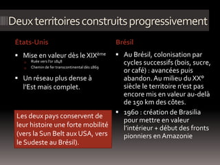 Deuxterritoiresconstruitsprogressivement
États-Unis Brésil
 Mise en valeur dès le XIXème
 Ruée vers l’or 1848
 Chemin de fer transcontinental dès 1869
 Un réseau plus dense à
l’Est mais complet.
 Au Brésil, colonisation par
cycles successifs (bois, sucre,
or café) : avancées puis
abandon. Au milieu du XX°
siècle le territoire n’est pas
encore mis en valeur au-delà
de 150 km des côtes.
 1960 : création de Brasilia
pour mettre en valeur
l’intérieur + début des fronts
pionniers en Amazonie
Les deux pays conservent de
leur histoire une forte mobilité
(vers la Sun Belt aux USA, vers
le Sudeste au Brésil).
 