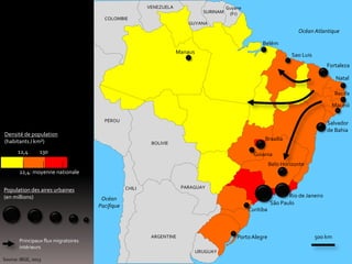 500 km
Densité de population
(habitants / km²)
22,4: moyenne nationale
5
Population des aires urbaines
(en millions)
15
Source: IBGE, 2013
3 2
12,4 130
Brasilia
Rio de Janeiro
São Paulo
Curitiba
PortoAlegre
Belo Horizonte
Salvador
de Bahia
Recife
Fortaleza
Belém
Manaus
Sao Luis
Natal
Maceió
Goiania
Guyane
(Fr)SURINAM
GUYANA
VENEZUELA
COLOMBIE
PÉROU
BOLIVIE
PARAGUAYCHILI
ARGENTINE
URUGUAY
Océan Atlantique
Océan
Pacifique
Principaux flux migratoires
intérieurs
 