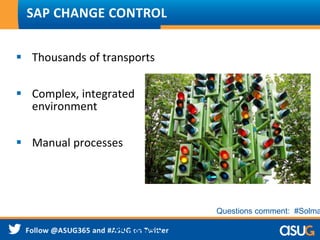 Challenges
 Thousands of transports
 Complex, integrated
environment
 Manual processes
SAP CHANGE CONTROL
#Solman
Questions comment: #Solma
 