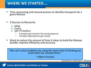 WHERE WE STARTED….
 Time consuming and manual process to identify transports for a
given Release
 3 Sources to Reconcile
 HPQC
 Clarity
 SAP CTS Buffers
• Transports get moved in the wrong sequence
• Transport dependencies get missed
 Want to reduce the amount of time it takes to build the Release
bundle, improve efficiency and accuracy
"We can't solve problems by using the same kind of thinking we
used when we created them."
~ Albert Einstein
Questions comment: #Solma
 