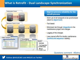 22
AmerisourceBergen Corporation – Proprietary and Confidential
All rights reserved. This document contains confidential information which may not be reproduced, transmitted or
discussed with third parties without the express written consent of AmerisourceBergen.
What is Retrofit - Dual Landscape Synchronization
Questions comment: #Solma
 