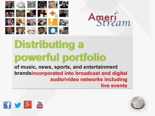 of music, news, sports, and entertainment
brands
Distributing a
powerful portfolio
incorporated into broadcast and digital
audio/video networks including
live events
 