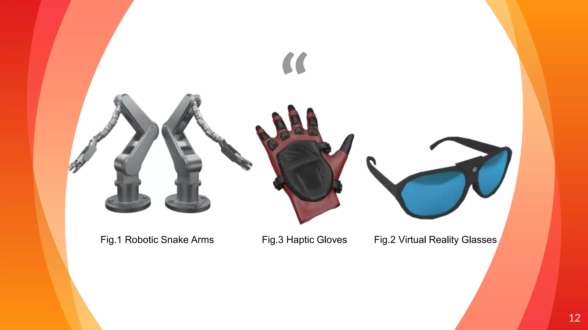 “
12
Fig.1 Robotic Snake Arms Fig.2 Virtual Reality Glasses
Fig.3 Haptic Gloves
 
