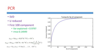 PCR
• SVD
• U reduced
• First 100 component
• Var explained = 0.9797
• rmse 0.14949
 