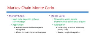 Markov Chain Monte Carlo
• Markov Chain
• Next state depends only on
current steps
• Application
• Hidden Markov models in speech
recognition
• Allows to draw independent samples
• Monte Carlo
• Simulation when simple
mathematical equation is simple
• Application
• Uncertainty in market is random,
predict sales
• Solving complex Integration
 