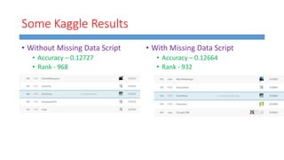 Some Kaggle Results
• Without Missing Data Script
• Accuracy – 0.12727
• Rank - 968
• With Missing Data Script
• Accuracy – 0.12664
• Rank - 932
 