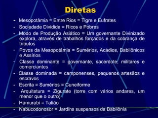 Diretas
-   Mesopotâmia = Entre Rios = Tigre e Eufrates
-   Sociedade Dividida = Ricos e Pobres
-   Modo de Produção Asiático = Um governante Divinizado
    explora, através de trabalhos forçados e da cobrança de
    tributos
-   Povos da Mesopotâmia = Sumérios, Acádios, Babilônicos
    e Assírios
-   Classe dominante = governante, sacerdote, militares e
    comerciantes
-   Classe dominada = camponenses, pequenos artesãos e
    escravos
-   Escrita = Sumérios = Cuneiforme
-    Arquitetura = Zigurate (torre com vários andares, um
    menor que o outro)
-   Hamurabi = Talião
-   Nabucodonosor = Jardins suspensos da Babilônia
 