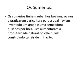 Os Sumérios:
• Os sumérios tinham rebanhos bovinos, ovinos
e praticavam agricultura para a qual haviam
inventado um arado e uma semeadora
puxados por bois. Eles aumentaram a
produtividade natural do vale fluvial
construindo canais de irrigação.
 